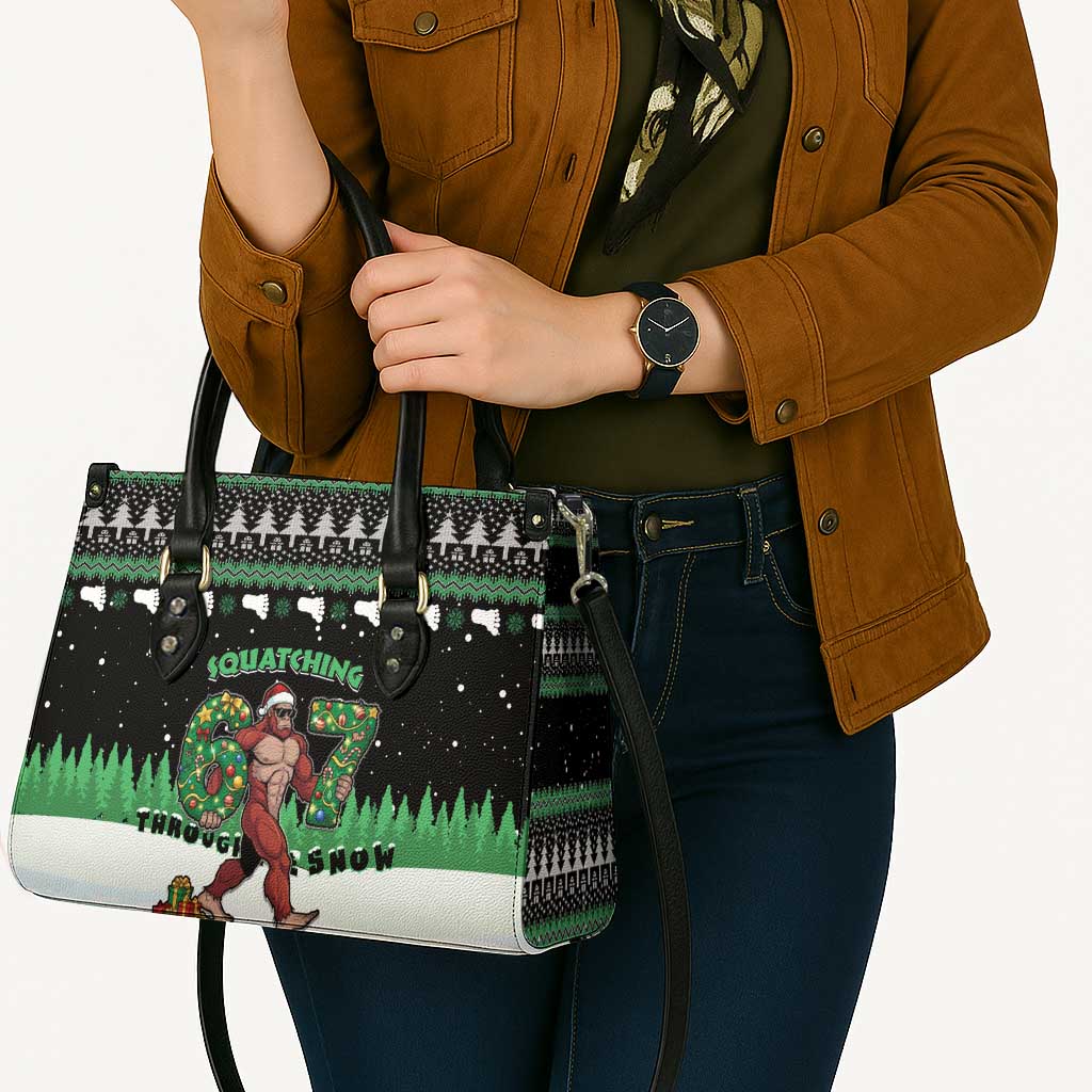 Funny Bigfoot 67 Six Seven Christmas Leather Bag Squatching Through The Snow - Wonder Print Shop