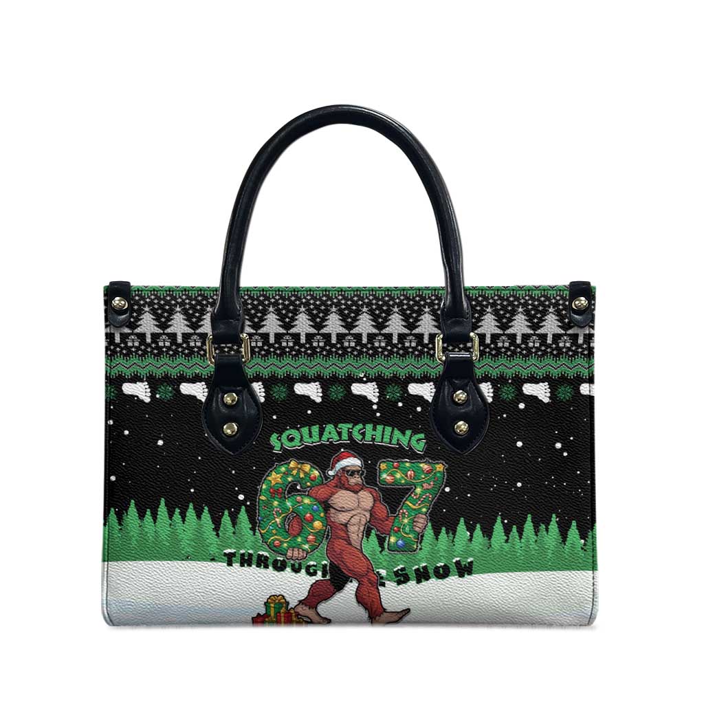 Funny Bigfoot 67 Six Seven Christmas Leather Bag Squatching Through The Snow - Wonder Print Shop