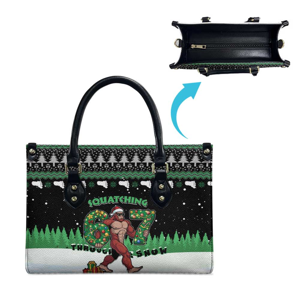 Funny Bigfoot 67 Six Seven Christmas Leather Bag Squatching Through The Snow - Wonder Print Shop