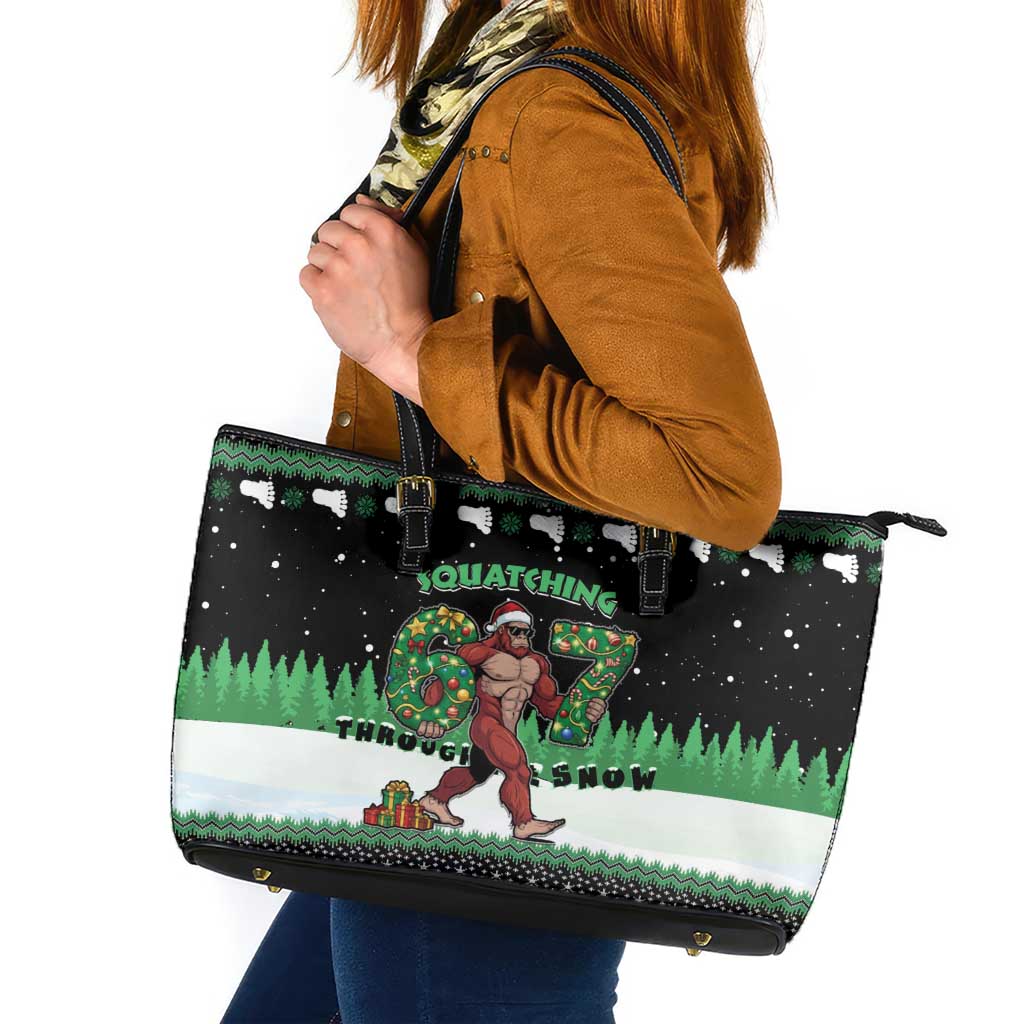 Funny Bigfoot 67 Six Seven Christmas Leather Tote Bag Squatching Through The Snow - Wonder Print Shop