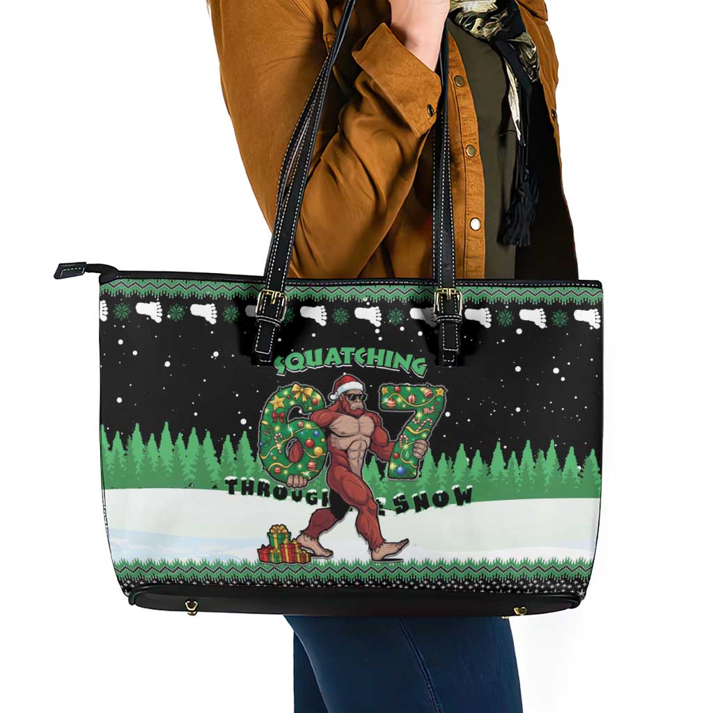 Funny Bigfoot 67 Six Seven Christmas Leather Tote Bag Squatching Through The Snow - Wonder Print Shop