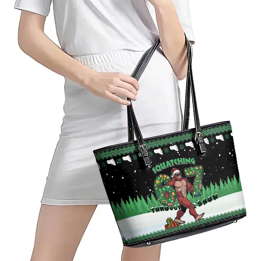 Funny Bigfoot 67 Six Seven Christmas Leather Tote Bag Squatching Through The Snow - Wonder Print Shop