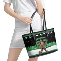 Funny Bigfoot 67 Six Seven Christmas Leather Tote Bag Squatching Through The Snow - Wonder Print Shop