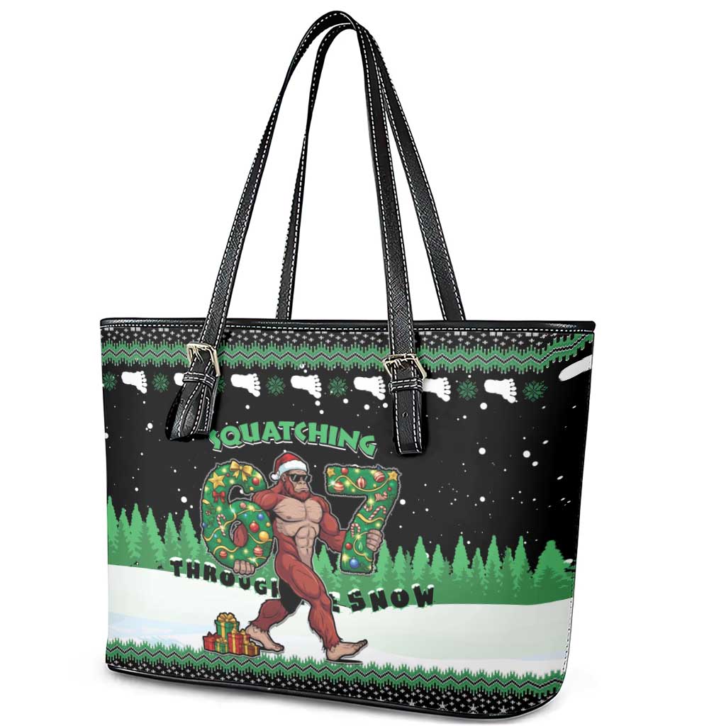 Funny Bigfoot 67 Six Seven Christmas Leather Tote Bag Squatching Through The Snow - Wonder Print Shop