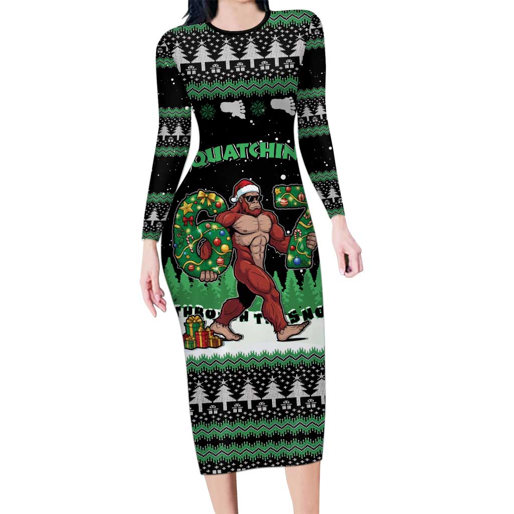 Funny Bigfoot 67 Six Seven Christmas Long Sleeve Bodycon Dress Squatching Through The Snow - Wonder Print Shop