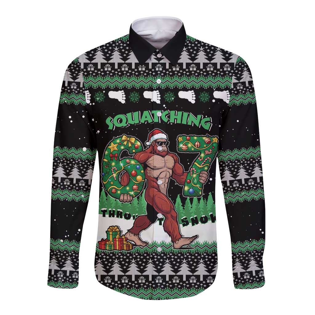 Funny Bigfoot 67 Six Seven Christmas Long Sleeve Button Shirt Squatching Through The Snow - Wonder Print Shop