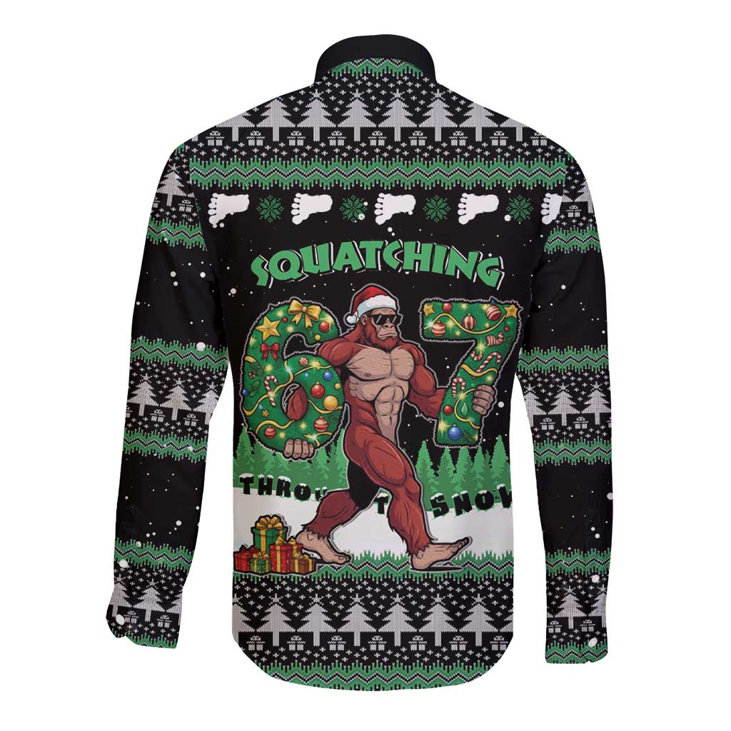 Funny Bigfoot 67 Six Seven Christmas Long Sleeve Button Shirt Squatching Through The Snow - Wonder Print Shop