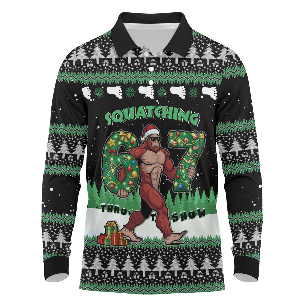 Funny Bigfoot 67 Six Seven Christmas Long Sleeve Polo Shirt Squatching Through The Snow - Wonder Print Shop