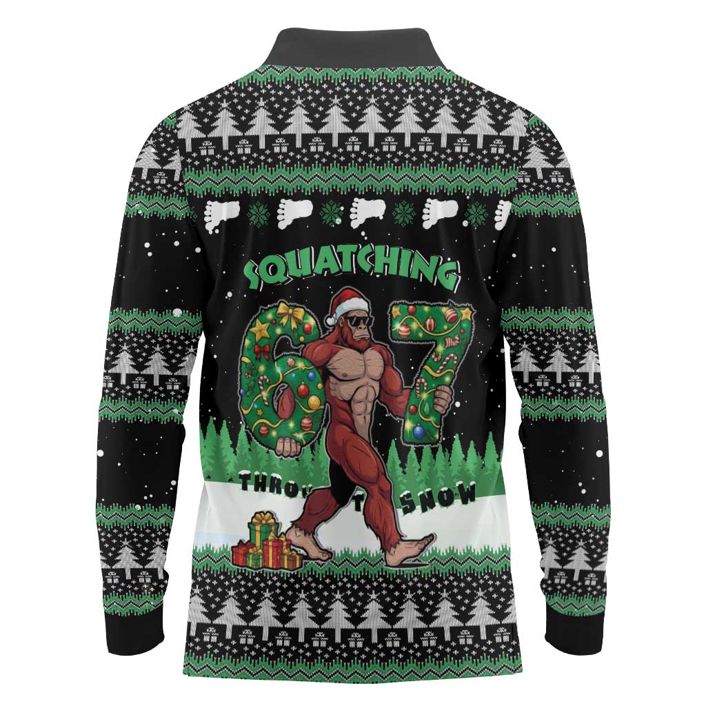 Funny Bigfoot 67 Six Seven Christmas Long Sleeve Polo Shirt Squatching Through The Snow - Wonder Print Shop