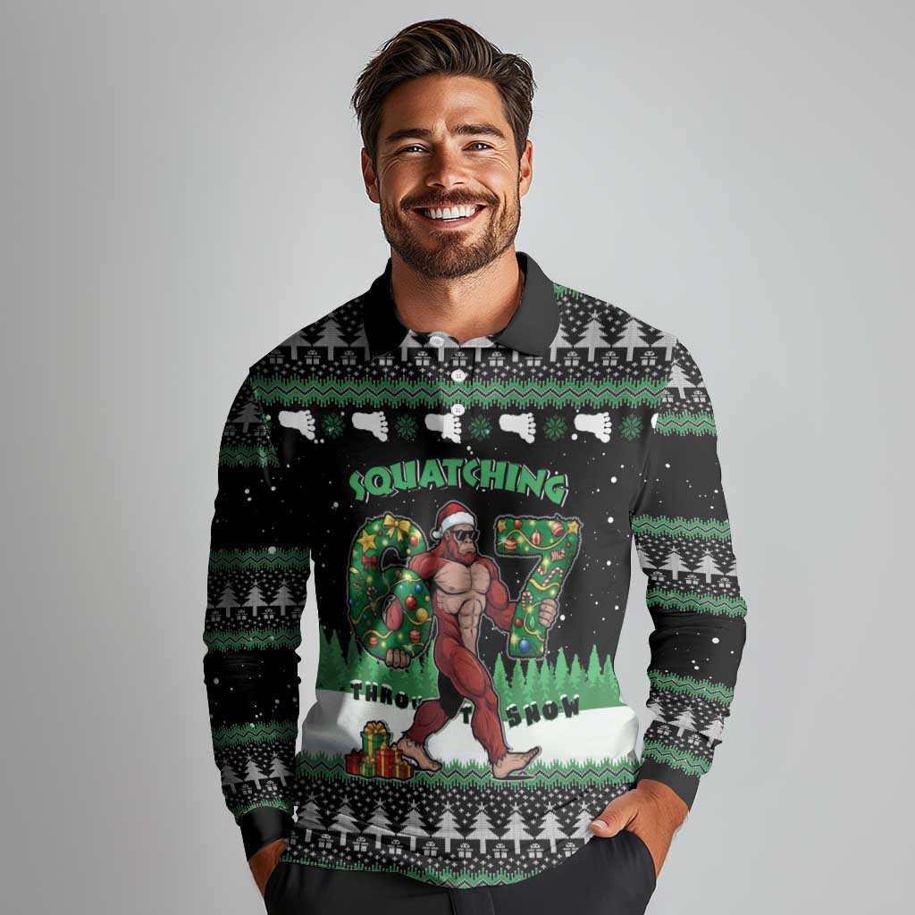 Funny Bigfoot 67 Six Seven Christmas Long Sleeve Polo Shirt Squatching Through The Snow - Wonder Print Shop