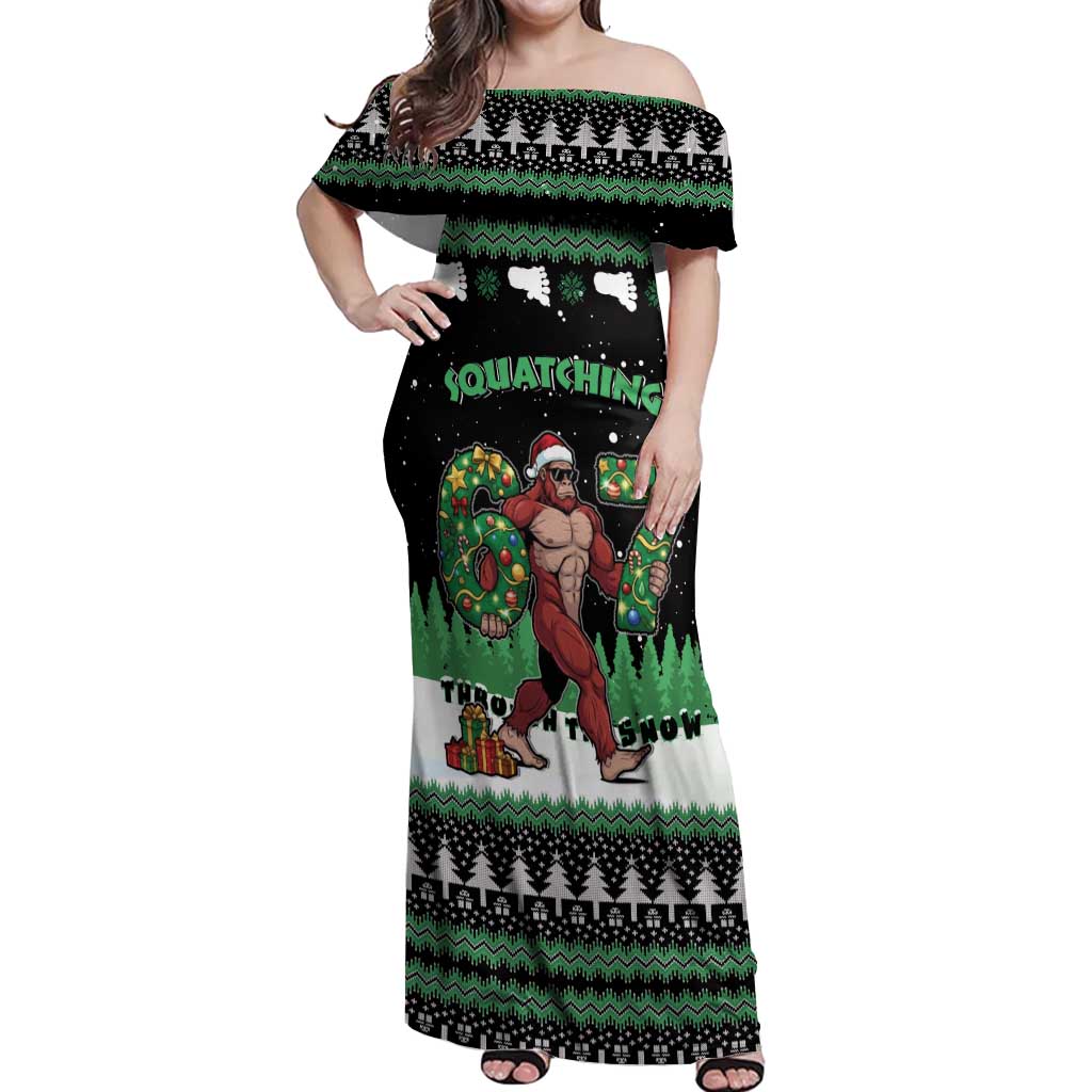 Funny Bigfoot 67 Six Seven Christmas Off Shoulder Maxi Dress Squatching Through The Snow - Wonder Print Shop