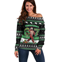 Funny Bigfoot 67 Six Seven Christmas Off Shoulder Sweater Squatching Through The Snow - Wonder Print Shop