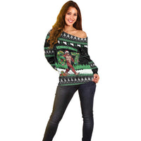 Funny Bigfoot 67 Six Seven Christmas Off Shoulder Sweater Squatching Through The Snow - Wonder Print Shop