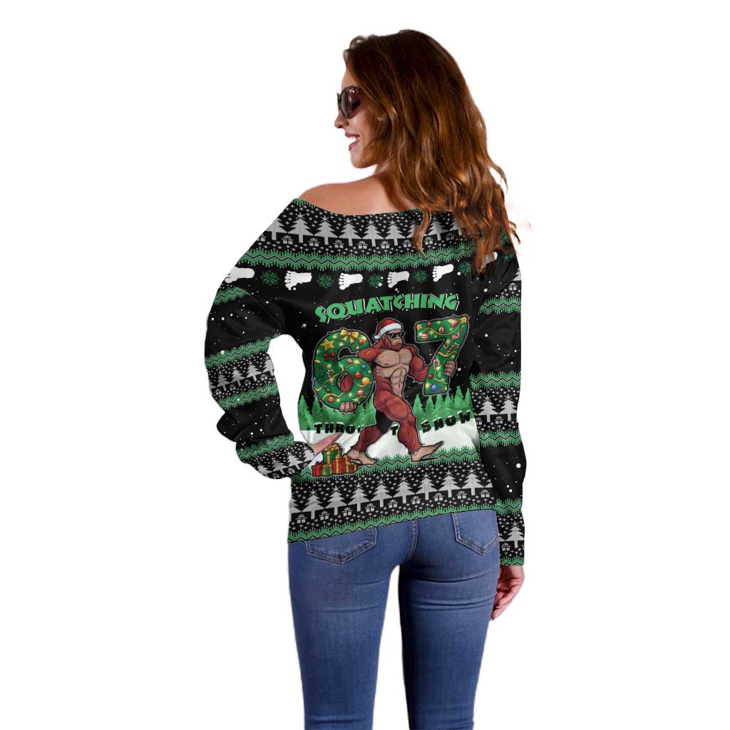 Funny Bigfoot 67 Six Seven Christmas Off Shoulder Sweater Squatching Through The Snow - Wonder Print Shop