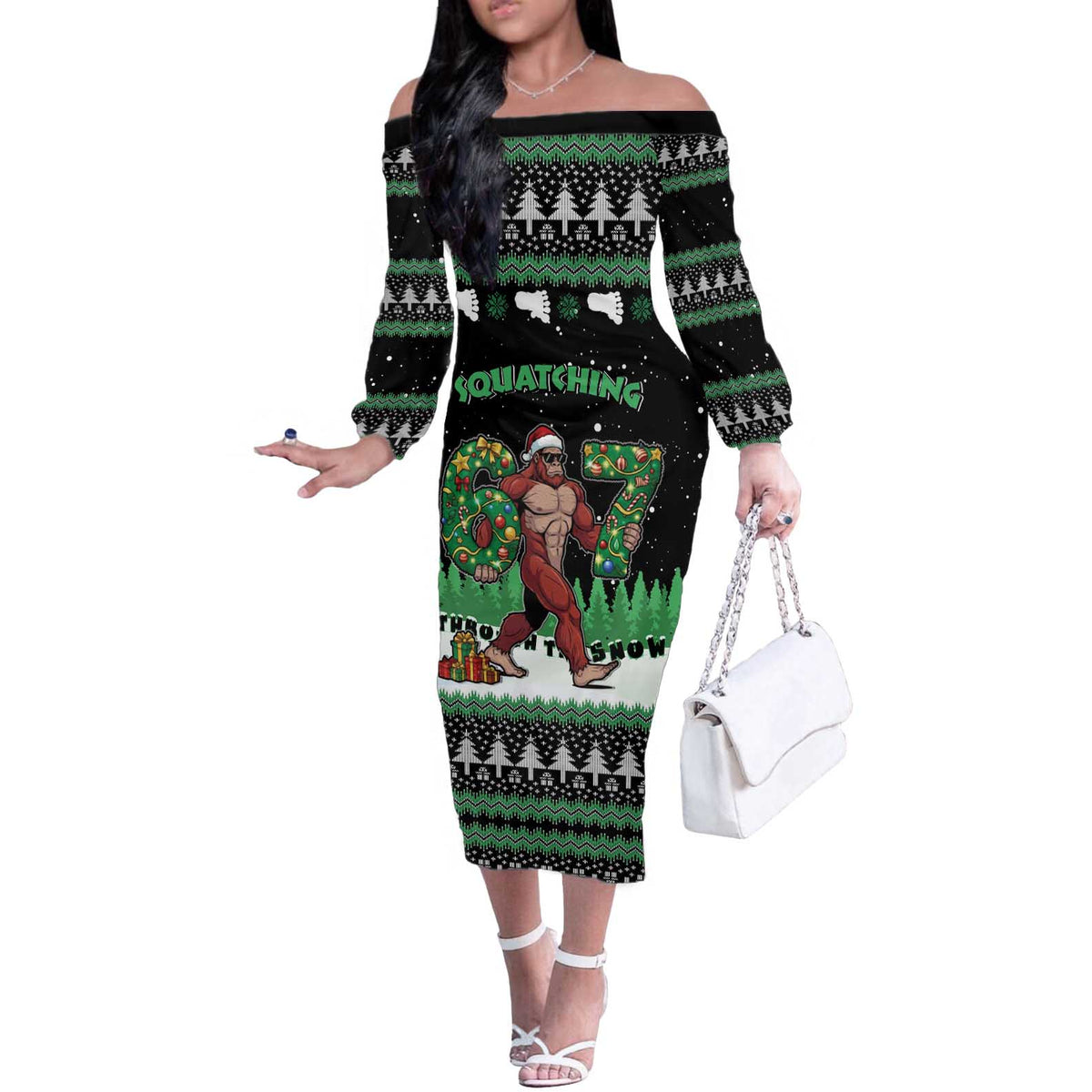 Funny Bigfoot 67 Six Seven Christmas Off The Shoulder Long Sleeve Dress Squatching Through The Snow - Wonder Print Shop