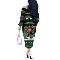 Funny Bigfoot 67 Six Seven Christmas Off The Shoulder Long Sleeve Dress Squatching Through The Snow - Wonder Print Shop