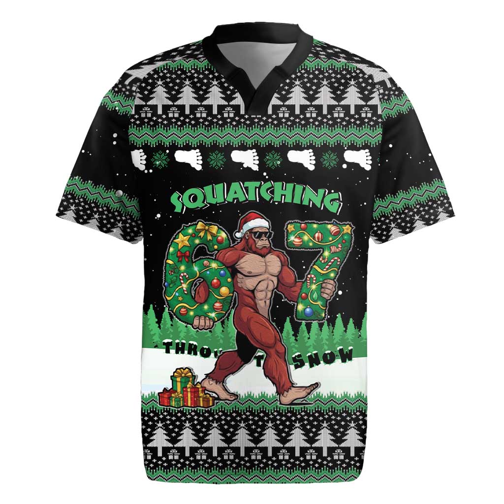 Funny Bigfoot 67 Six Seven Christmas Rugby Jersey Squatching Through The Snow - Wonder Print Shop