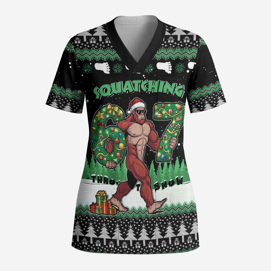 Funny Bigfoot 67 Six Seven Christmas Scrub Top Squatching Through The Snow - Wonder Print Shop