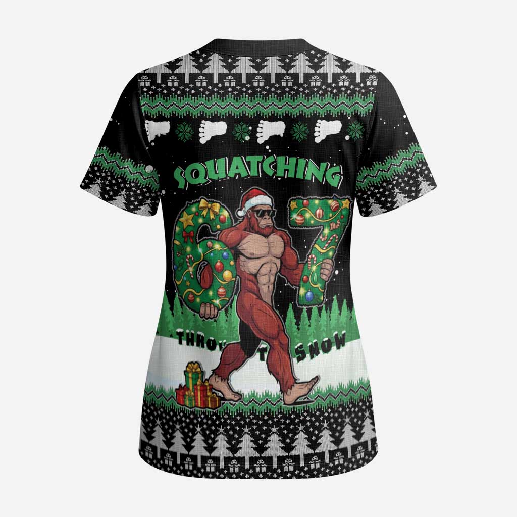 Funny Bigfoot 67 Six Seven Christmas Scrub Top Squatching Through The Snow - Wonder Print Shop