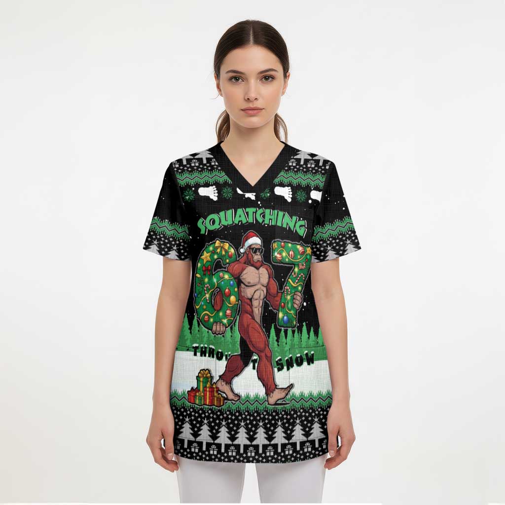 Funny Bigfoot 67 Six Seven Christmas Scrub Top Squatching Through The Snow - Wonder Print Shop