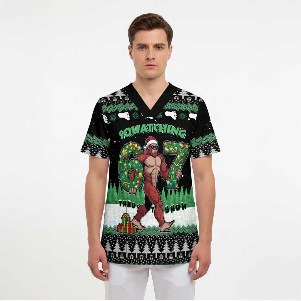 Funny Bigfoot 67 Six Seven Christmas Scrub Top Squatching Through The Snow - Wonder Print Shop