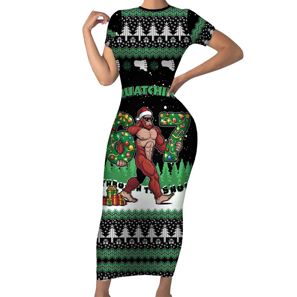 Funny Bigfoot 67 Six Seven Christmas Short Sleeve Bodycon Dress Squatching Through The Snow - Wonder Print Shop