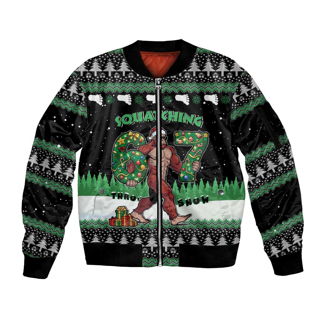 Funny Bigfoot 67 Six Seven Christmas Sleeve Zip Bomber Jacket Squatching Through The Snow - Wonder Print Shop