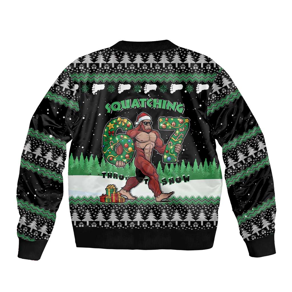 Funny Bigfoot 67 Six Seven Christmas Sleeve Zip Bomber Jacket Squatching Through The Snow - Wonder Print Shop