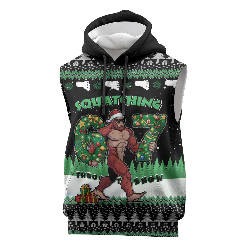 Funny Bigfoot 67 Six Seven Christmas Sleeveless Hoodie Squatching Through The Snow - Wonder Print Shop