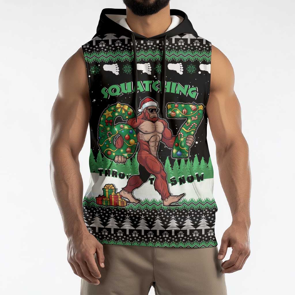 Funny Bigfoot 67 Six Seven Christmas Sleeveless Hoodie Squatching Through The Snow - Wonder Print Shop