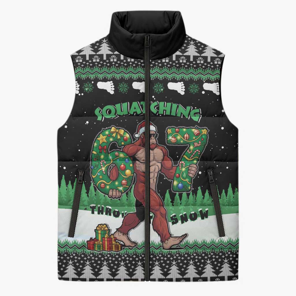 Funny Bigfoot 67 Six Seven Christmas Sleeveless Puffer Jacket Squatching Through The Snow - Wonder Print Shop