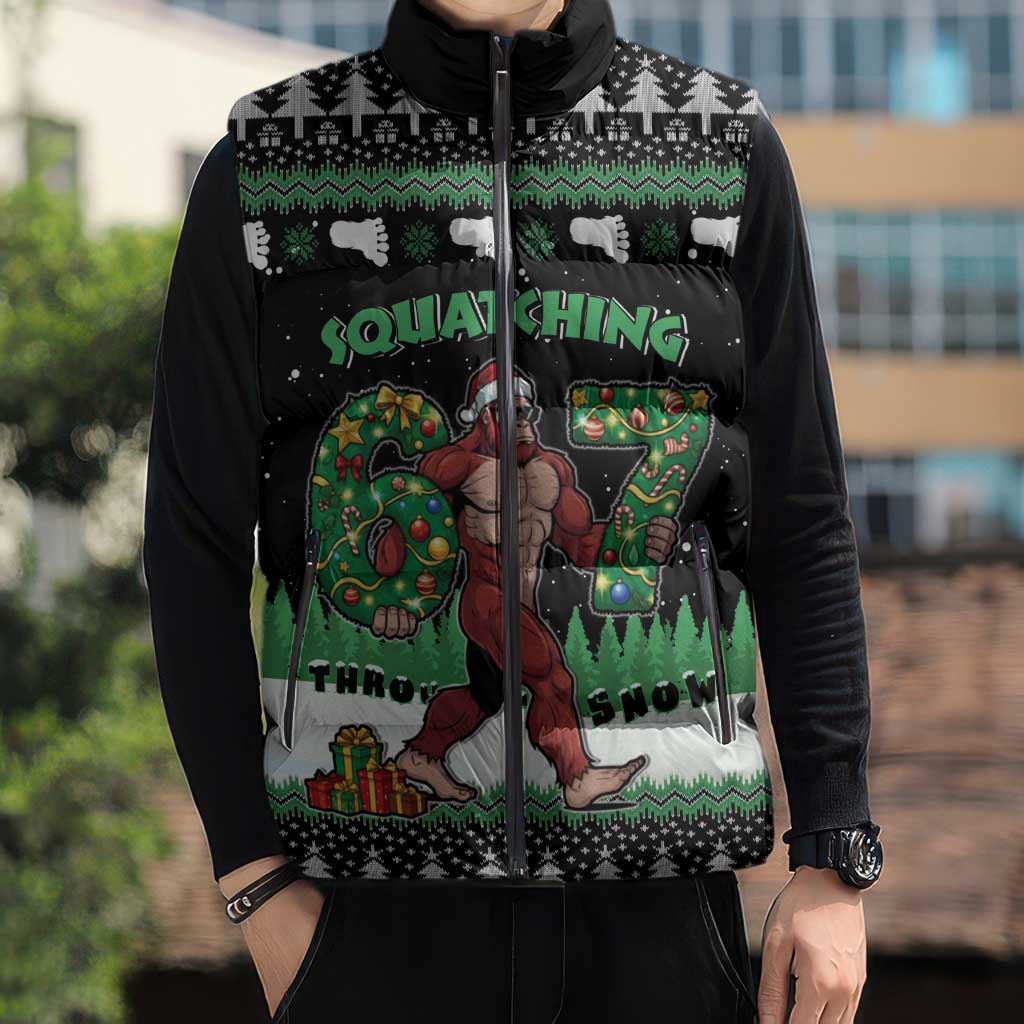 Funny Bigfoot 67 Six Seven Christmas Sleeveless Puffer Jacket Squatching Through The Snow - Wonder Print Shop