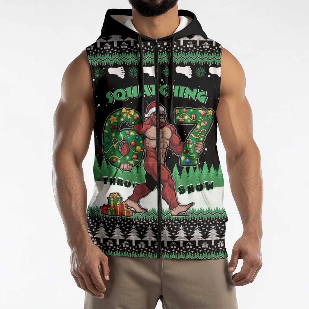 Funny Bigfoot 67 Six Seven Christmas Sleeveless Zip Hoodie Squatching Through The Snow - Wonder Print Shop