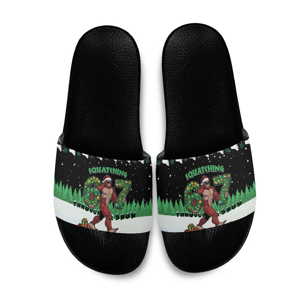 Funny Bigfoot 67 Six Seven Christmas Slide Sandals Squatching Through The Snow - Wonder Print Shop