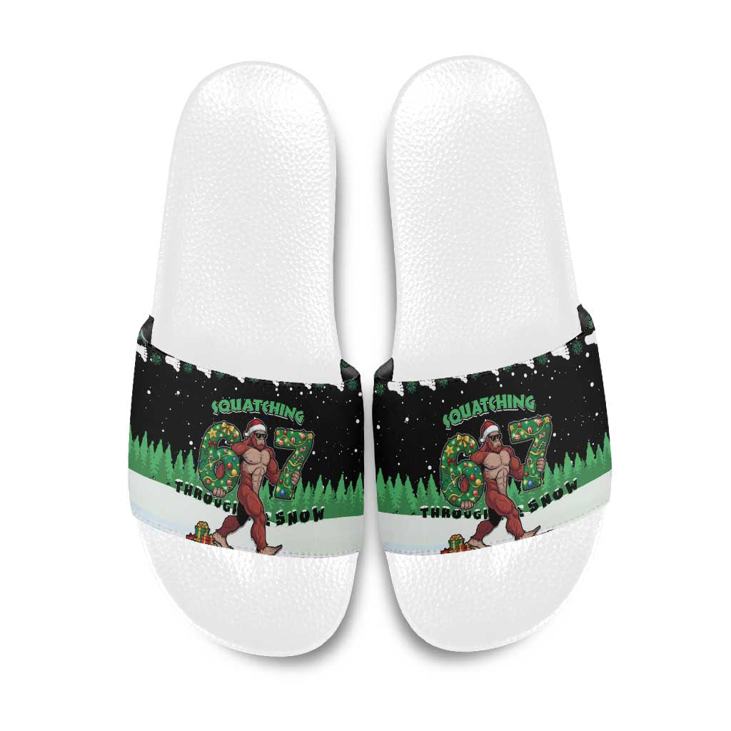 Funny Bigfoot 67 Six Seven Christmas Slide Sandals Squatching Through The Snow - Wonder Print Shop