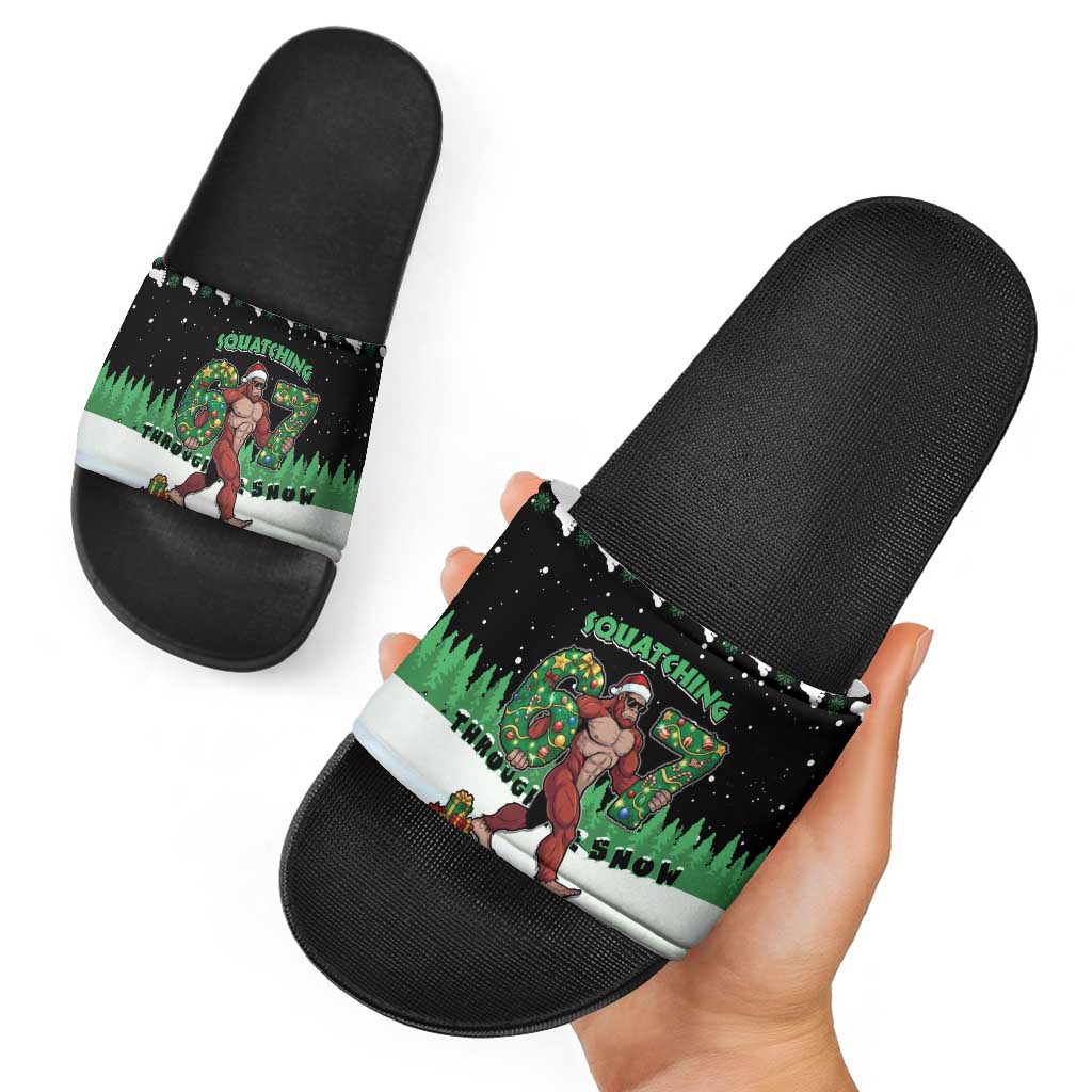 Funny Bigfoot 67 Six Seven Christmas Slide Sandals Squatching Through The Snow - Wonder Print Shop