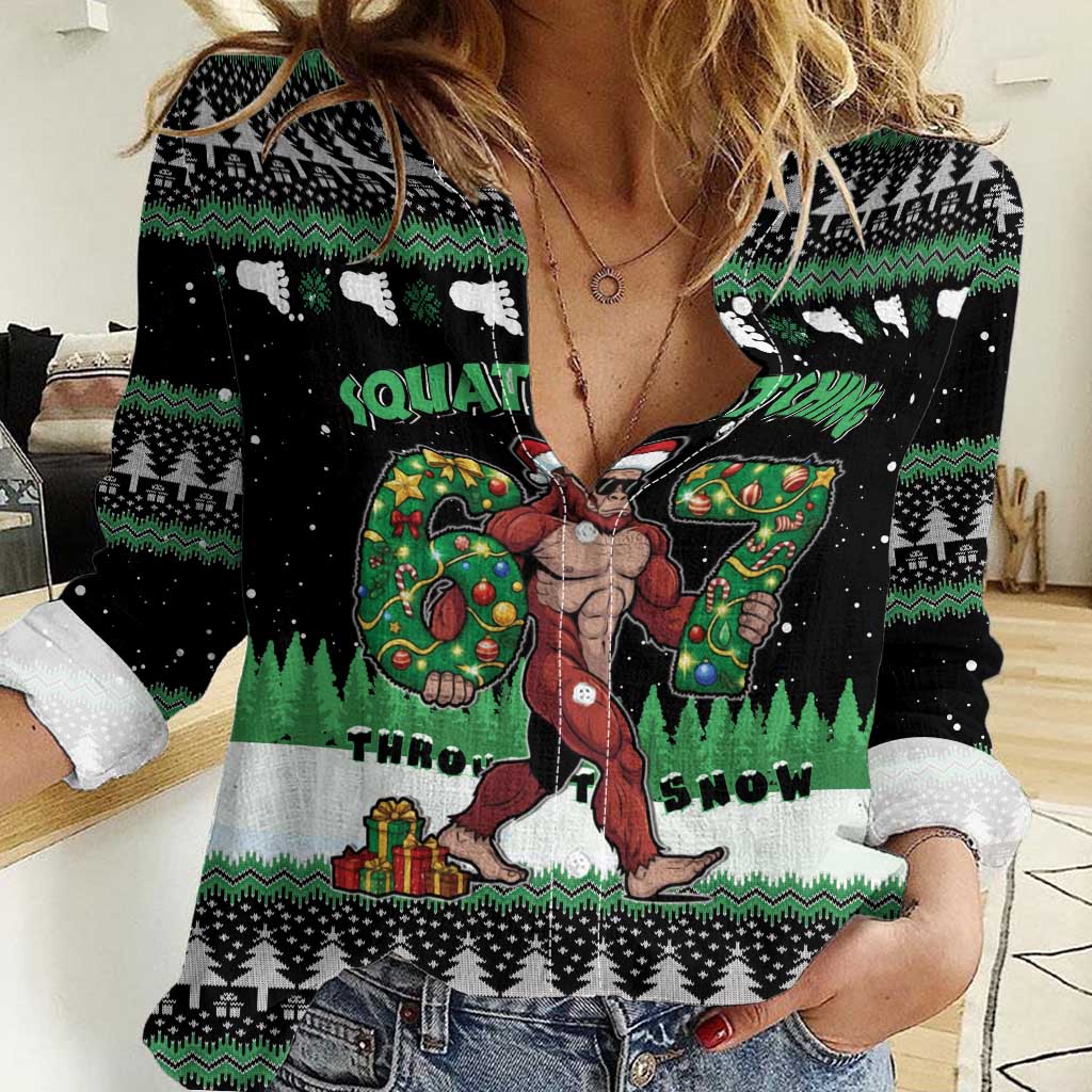 Funny Bigfoot 67 Six Seven Christmas Women Casual Shirt Squatching Through The Snow - Wonder Print Shop
