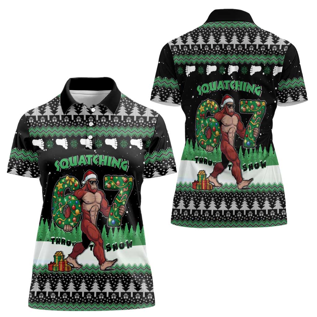 Funny Bigfoot 67 Six Seven Christmas Women Polo Shirt Squatching Through The Snow - Wonder Print Shop