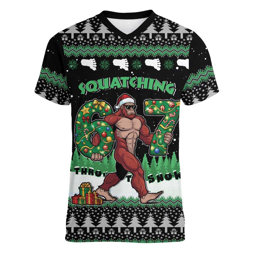 Funny Bigfoot 67 Six Seven Christmas Women V-Neck T-Shirt Squatching Through The Snow - Wonder Print Shop