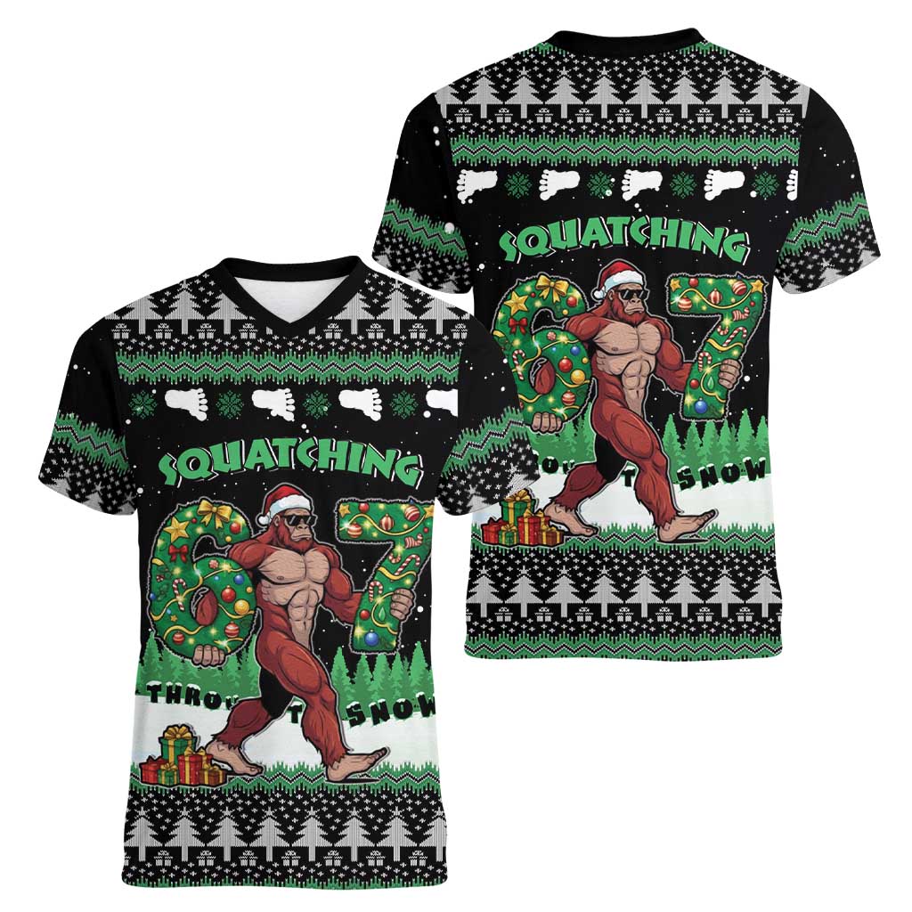 Funny Bigfoot 67 Six Seven Christmas Women V-Neck T-Shirt Squatching Through The Snow - Wonder Print Shop