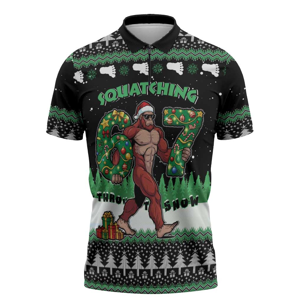 Funny Bigfoot 67 Six Seven Christmas Zipper Polo Shirt Squatching Through The Snow - Wonder Print Shop