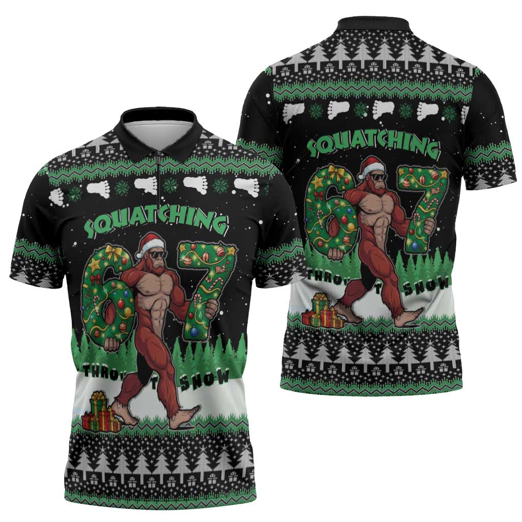 Funny Bigfoot 67 Six Seven Christmas Zipper Polo Shirt Squatching Through The Snow - Wonder Print Shop