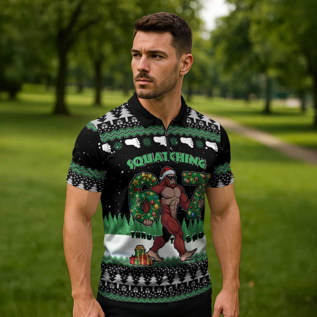 Funny Bigfoot 67 Six Seven Christmas Zipper Polo Shirt Squatching Through The Snow - Wonder Print Shop