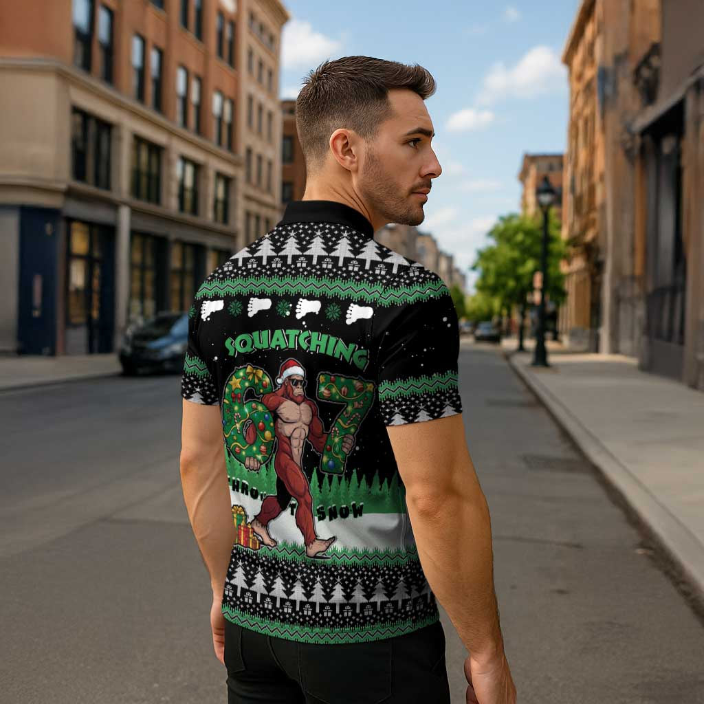 Funny Bigfoot 67 Six Seven Christmas Zipper Polo Shirt Squatching Through The Snow - Wonder Print Shop