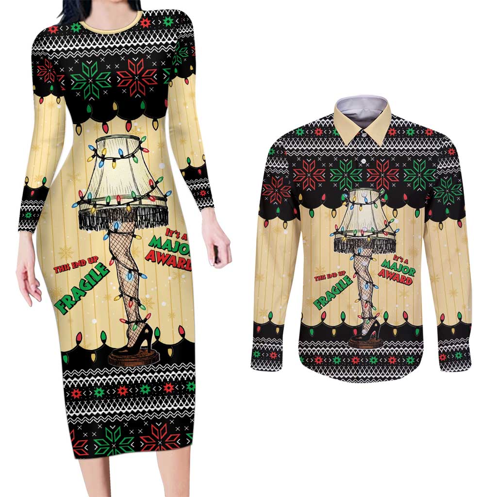 Christmas Story Couples Matching Long Sleeve Bodycon Dress and Long Sleeve Button Shirt Fragile Leg Lamp - Wonder Print Shop