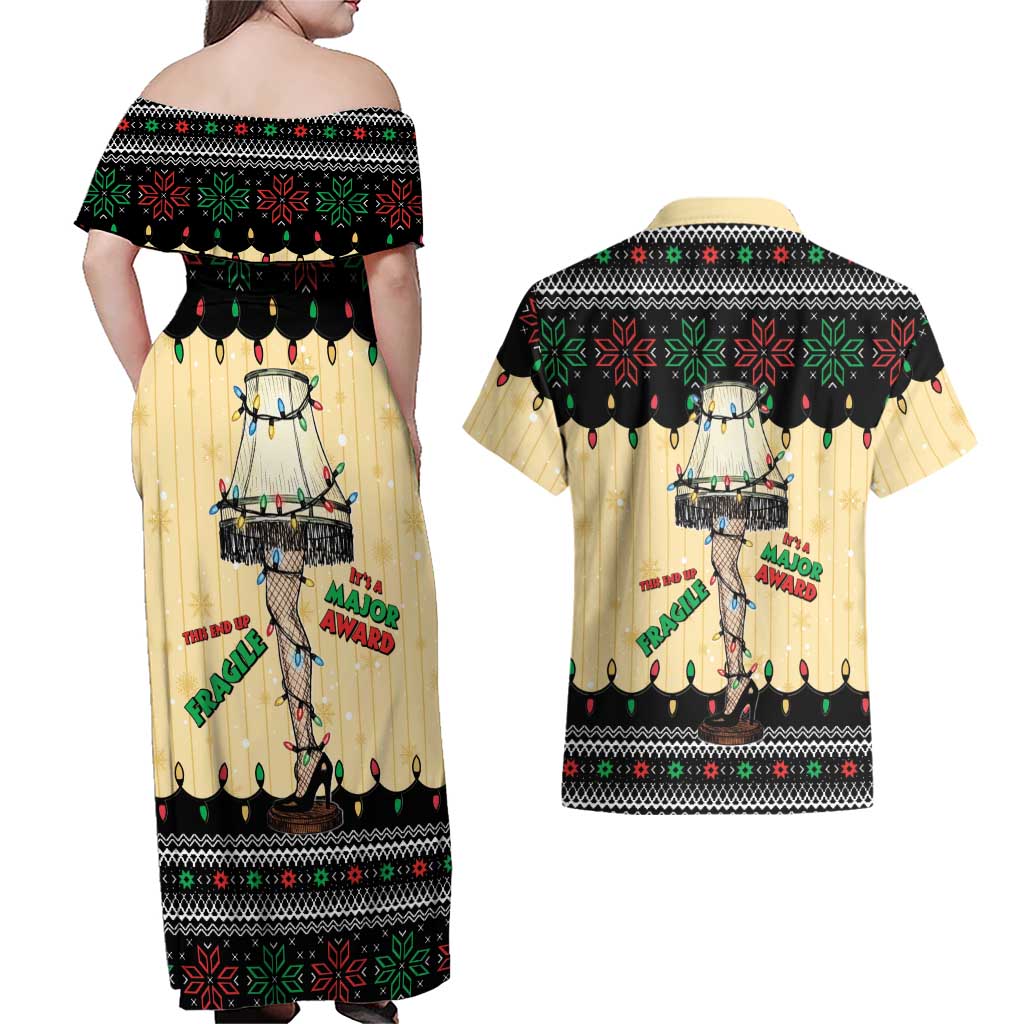 Christmas Story Couples Matching Off Shoulder Maxi Dress and Hawaiian Shirt Fragile Leg Lamp - Wonder Print Shop