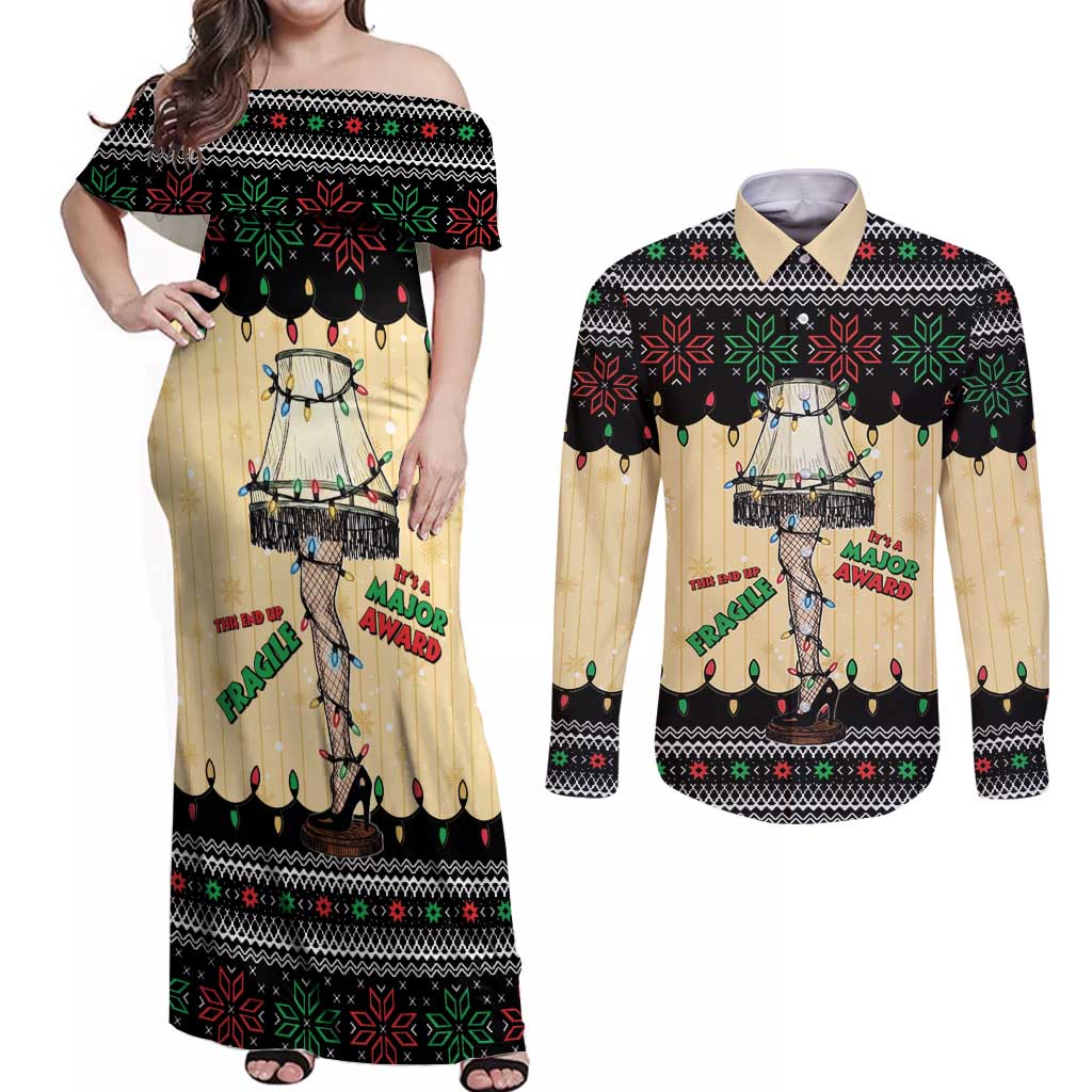 Christmas Story Couples Matching Off Shoulder Maxi Dress and Long Sleeve Button Shirt Fragile Leg Lamp - Wonder Print Shop