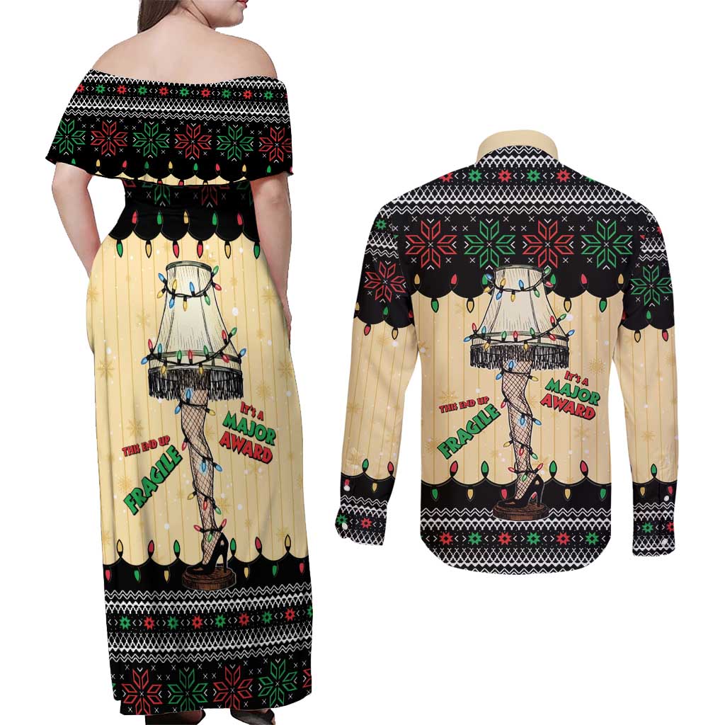 Christmas Story Couples Matching Off Shoulder Maxi Dress and Long Sleeve Button Shirt Fragile Leg Lamp - Wonder Print Shop