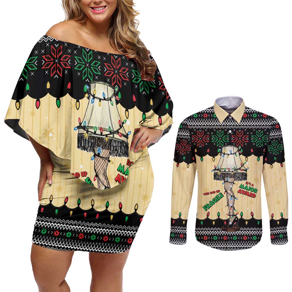 Christmas Story Couples Matching Off Shoulder Short Dress and Long Sleeve Button Shirt Fragile Leg Lamp - Wonder Print Shop