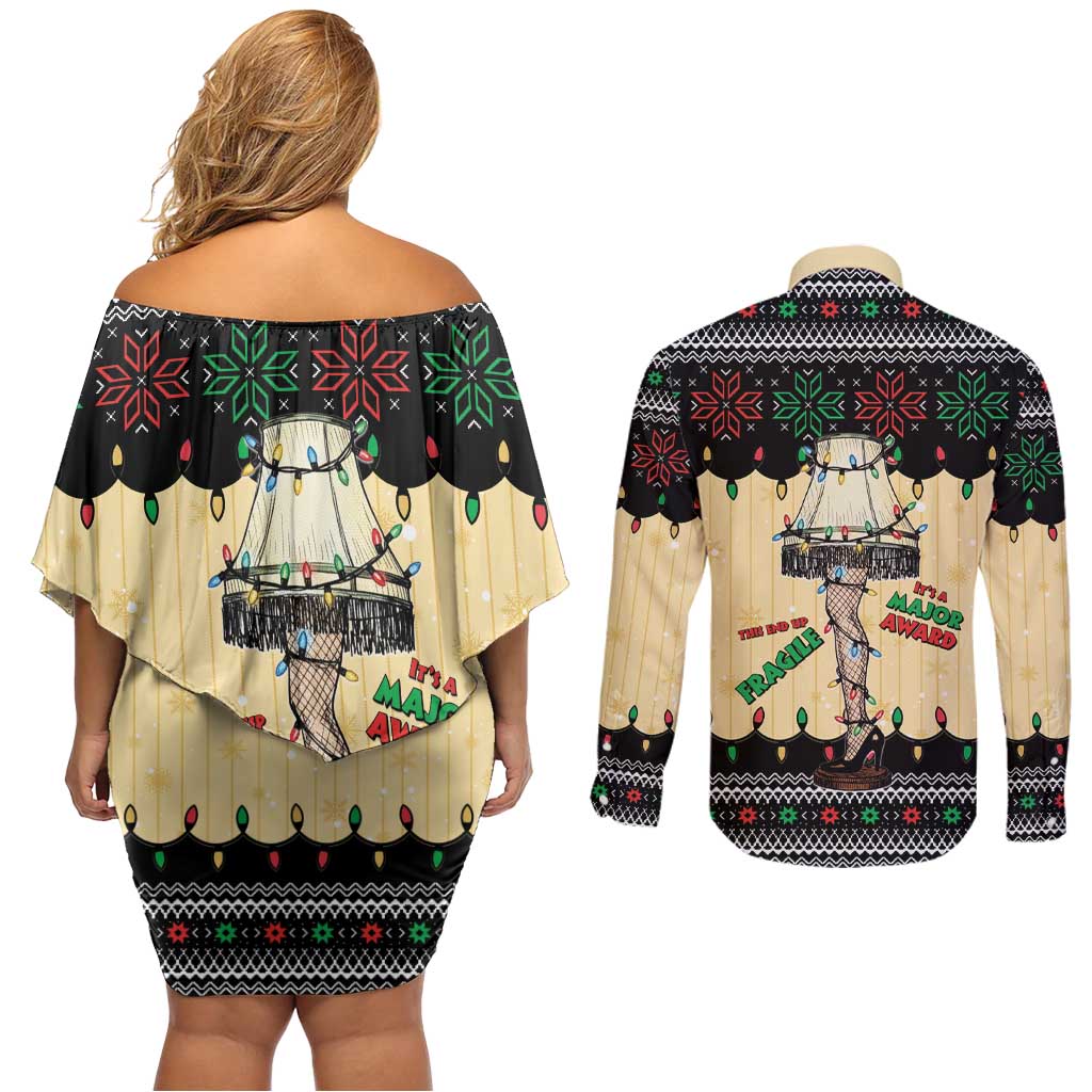 Christmas Story Couples Matching Off Shoulder Short Dress and Long Sleeve Button Shirt Fragile Leg Lamp - Wonder Print Shop